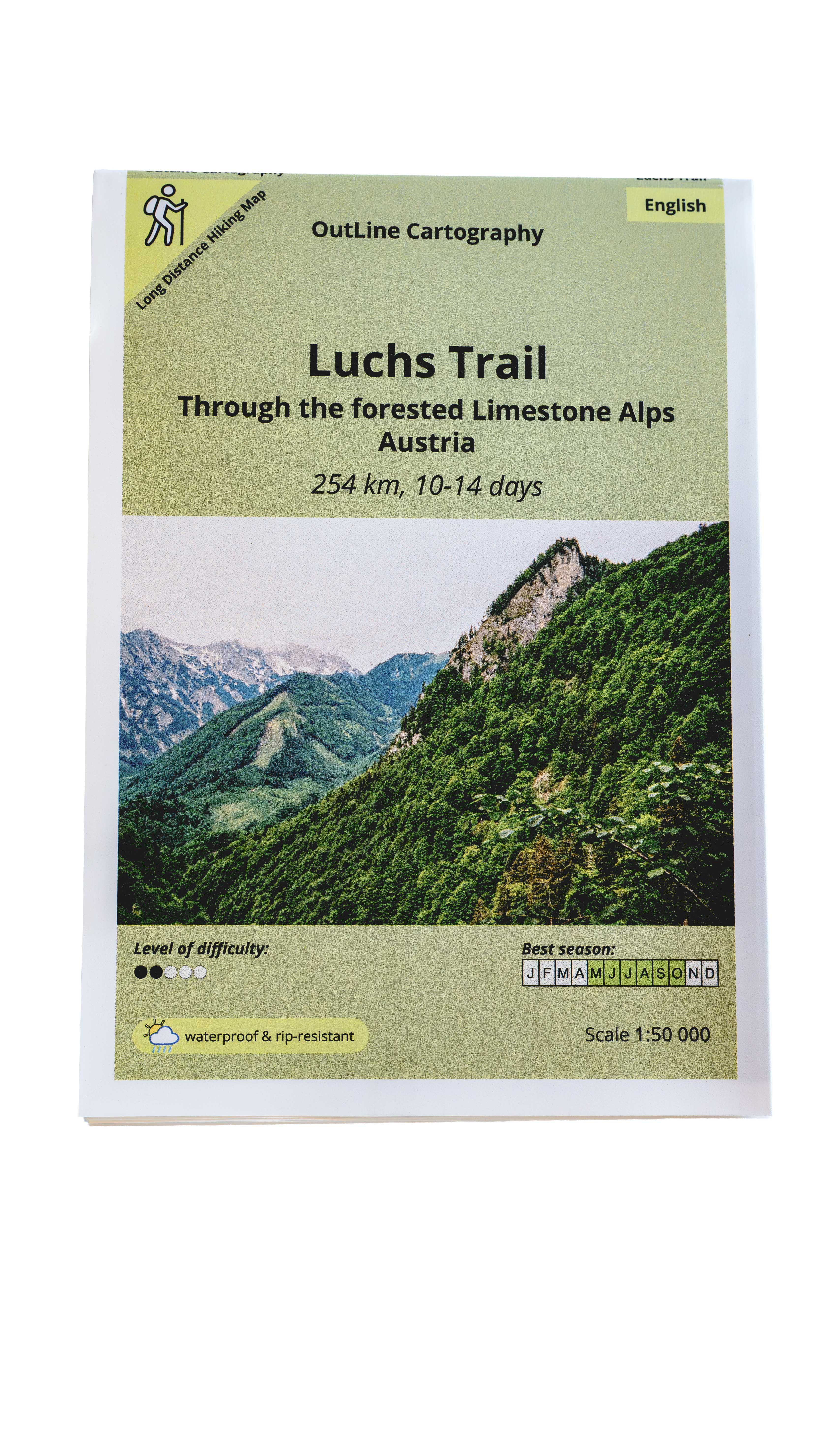 Map cover of Luchs Trail through the forested Limestone Alps, Austria.
Long distance hiking trail, 254km, 10-14 days. Waterproof and rip-resistant map.