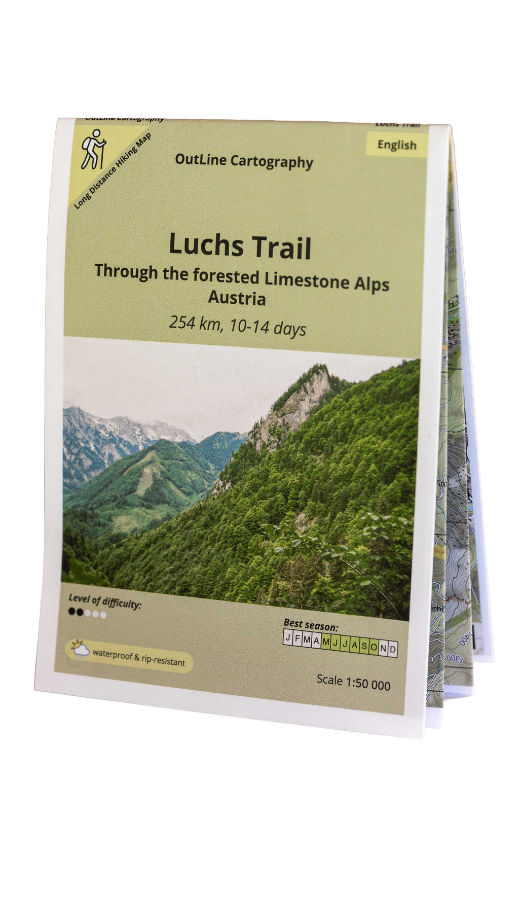 Map cover of Luchs Trail through the forested Limestone Alps, Austria
254km, 10-14 days. Waterproof and rip-resistant map.